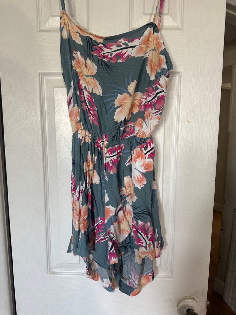 Roxy Floral Romper in Teal with Pink & Peach Flowers